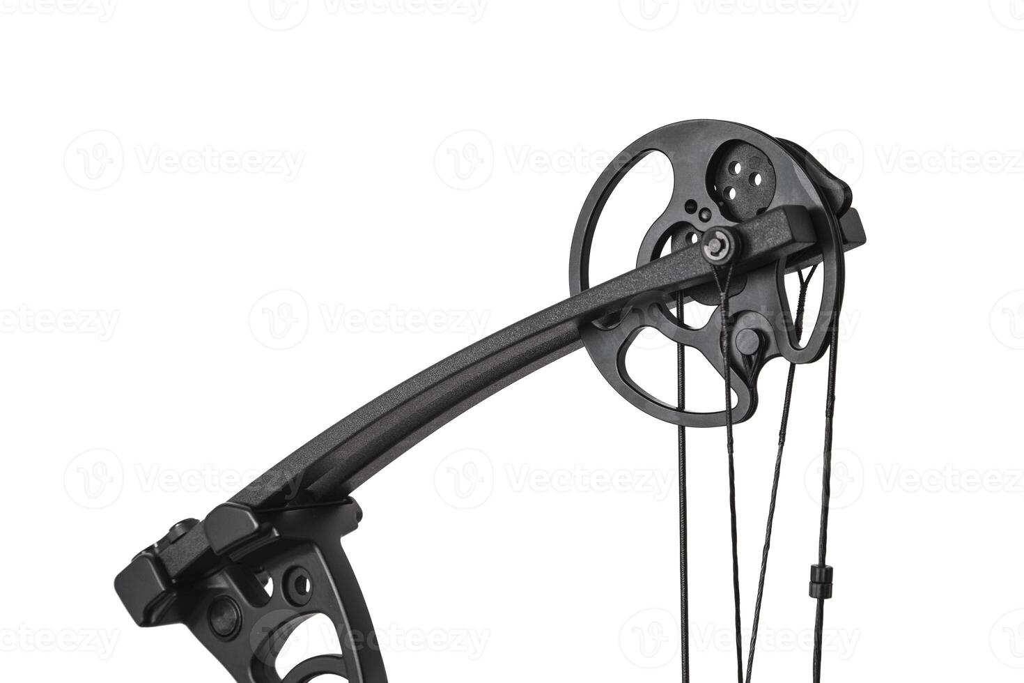 Closeup of the cam on a compound bow. modern, compound hunting bow and arrows isolated on white photo