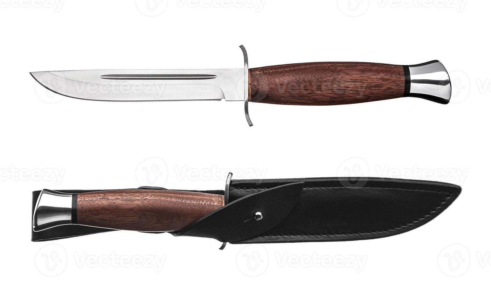 Hunting knife with wooden handle and leather case isolated on white photo