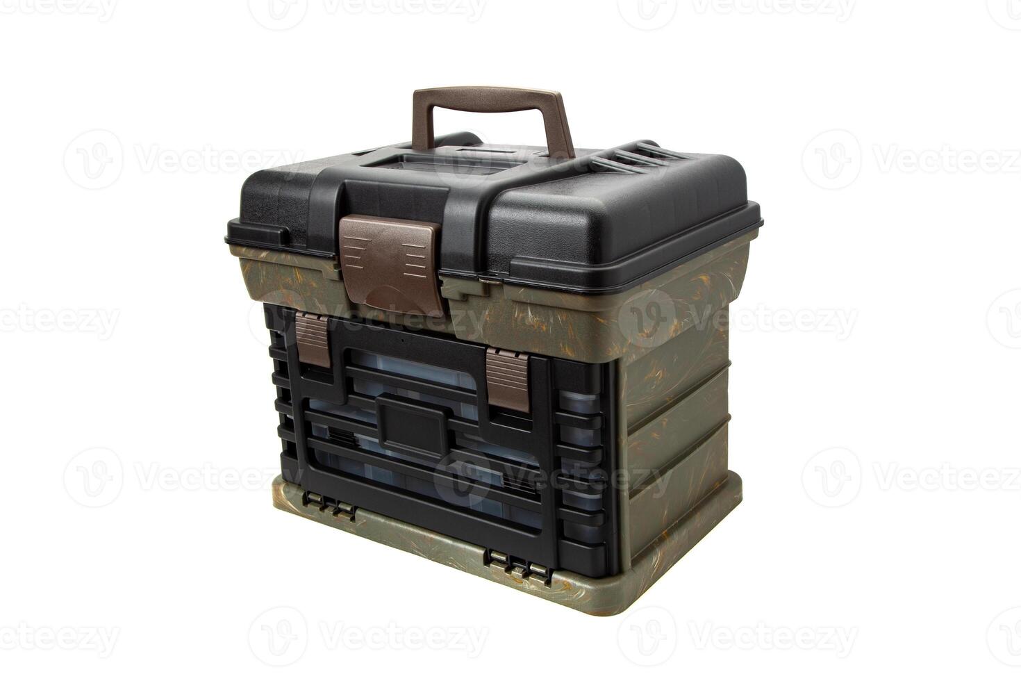 Portable plastic container with opening lid and additional sliding compartments. Fishing or hunting box. Isolate on a white back. photo