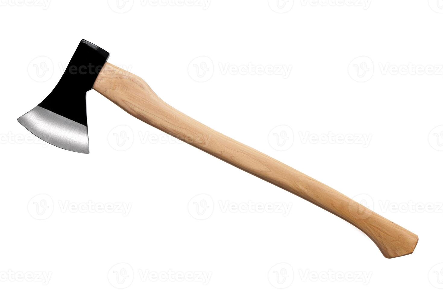 black ax with wooden handle isolated on white background photo
