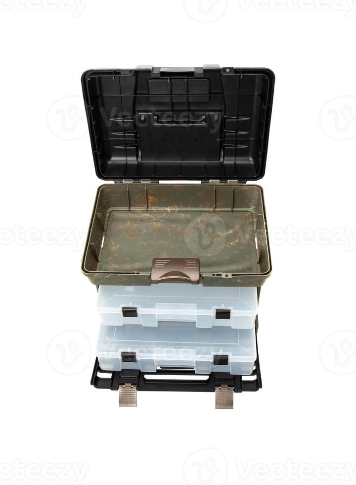 Portable plastic container with opening lid and additional sliding compartments. Fishing or hunting box. Isolate on a white back. photo