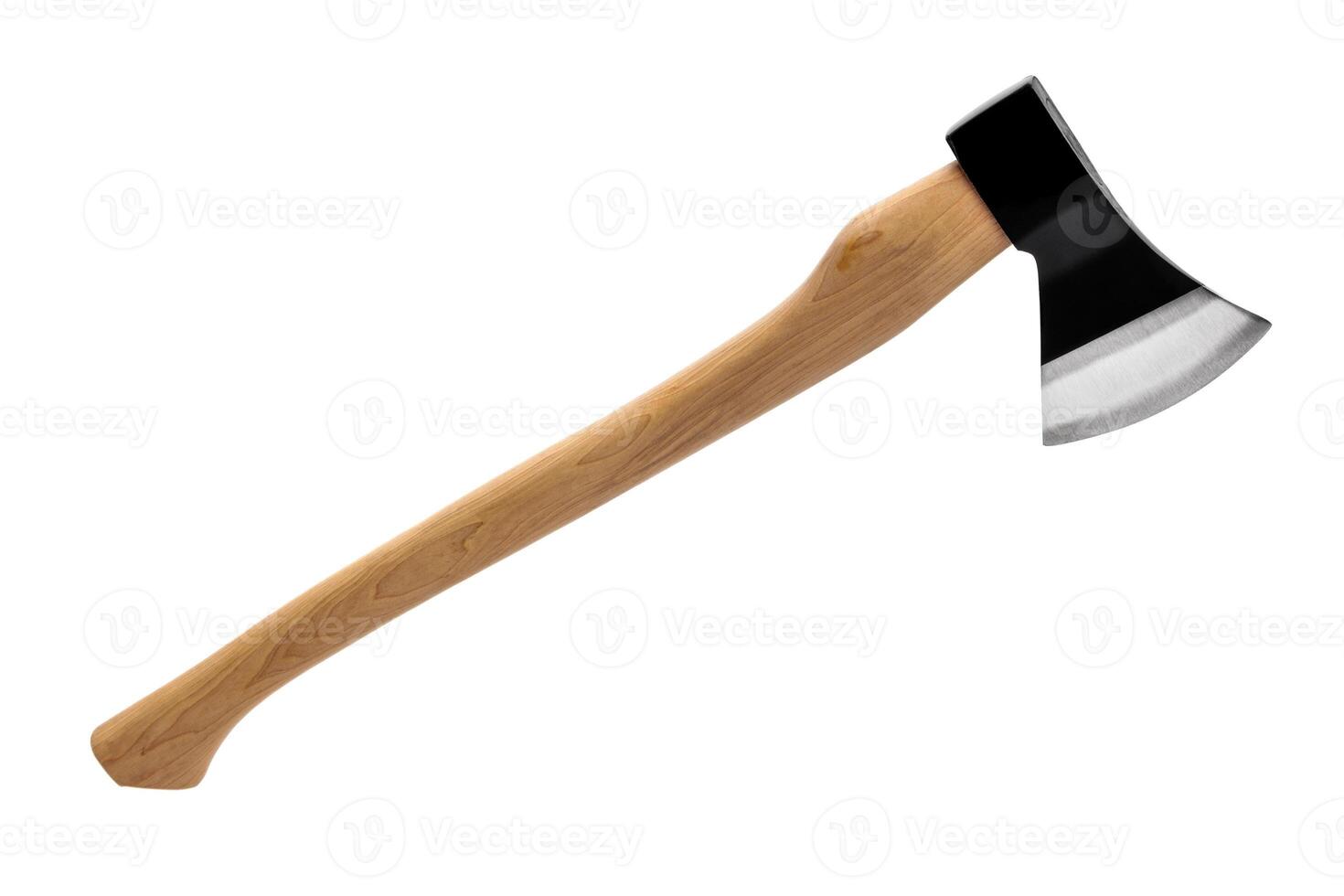 black ax with wooden handle isolated on white background photo