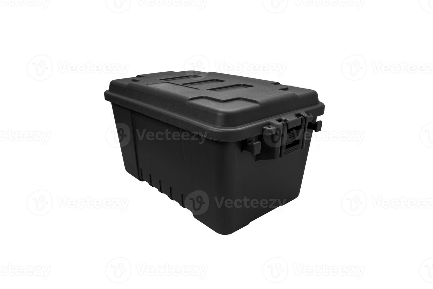 Plastic box with locks isolate on a white back. A container for storing and transporting various things. photo