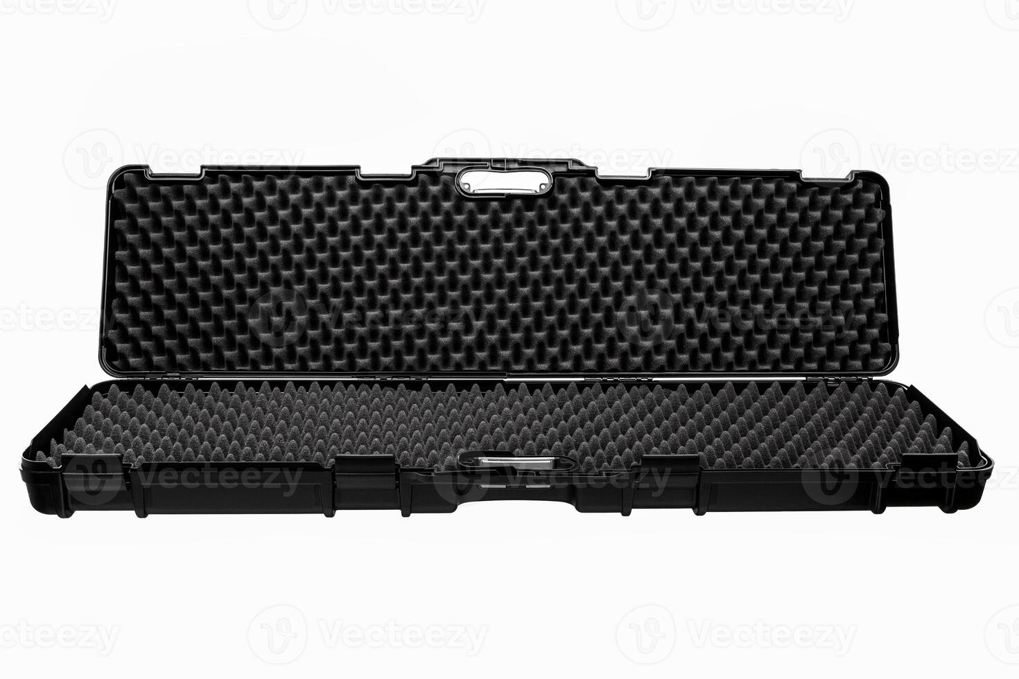 Opened black case for guns isolated on white photo