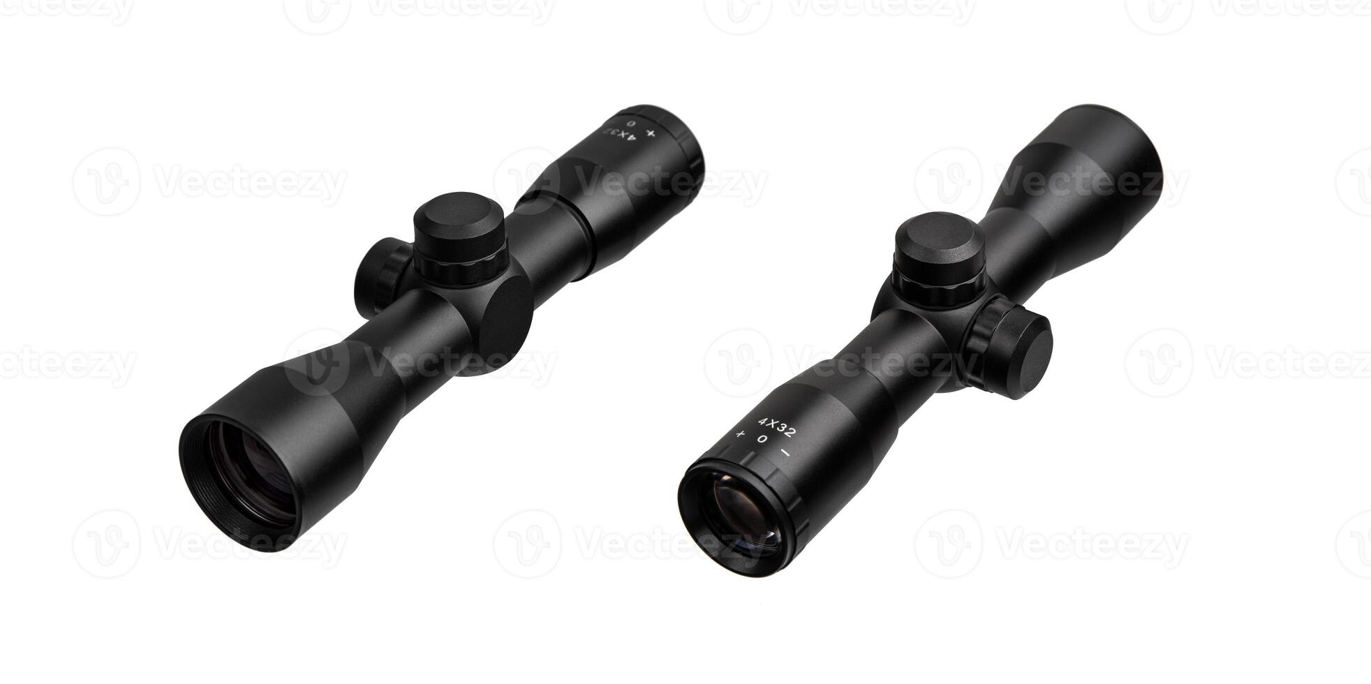 Modern sniper scope on a white back. Optical device for aiming and shooting at long distances. photo