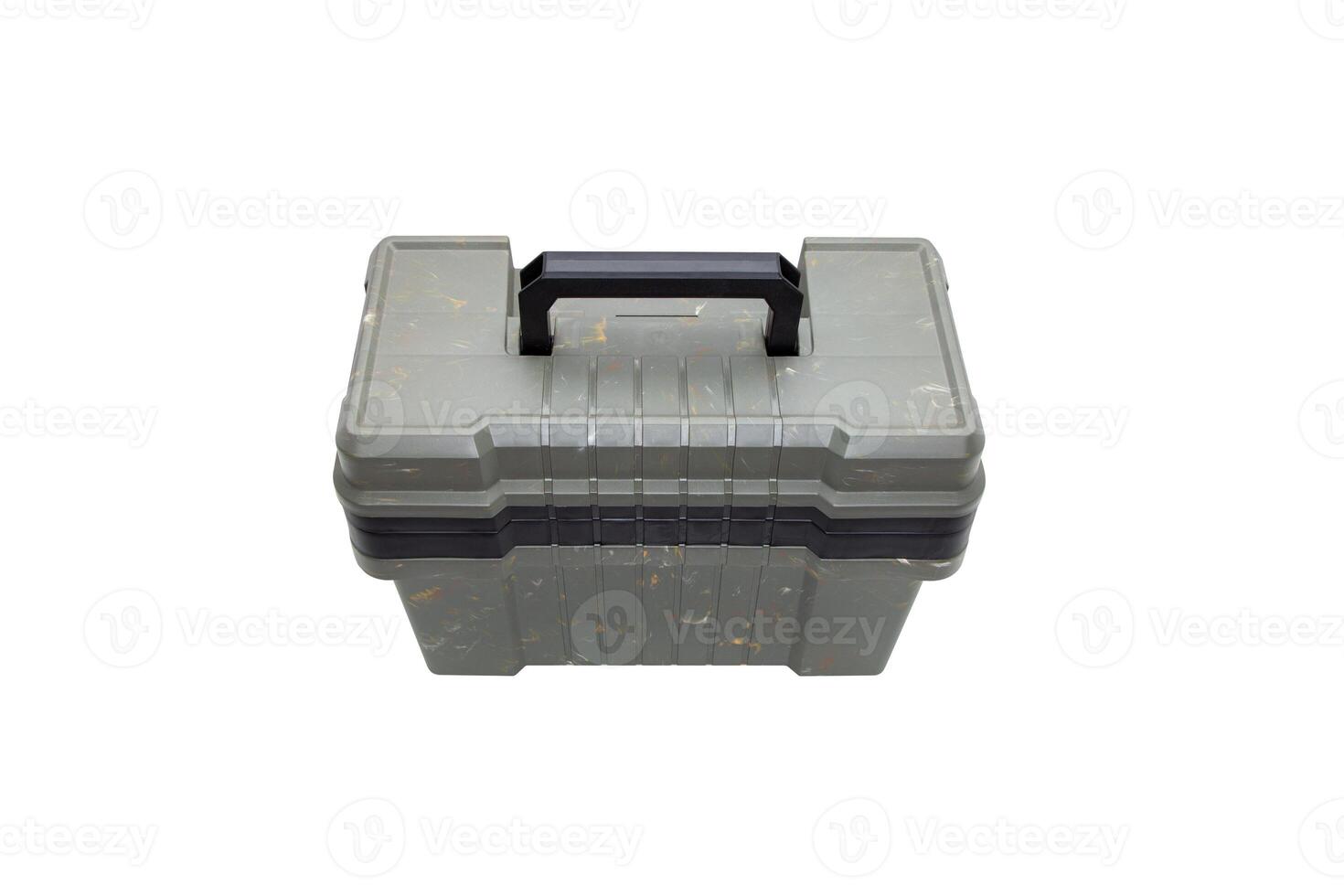 Portable plastic container with opening lid and additional compartments. Fishing or hunting box. Isolate on a white back. photo