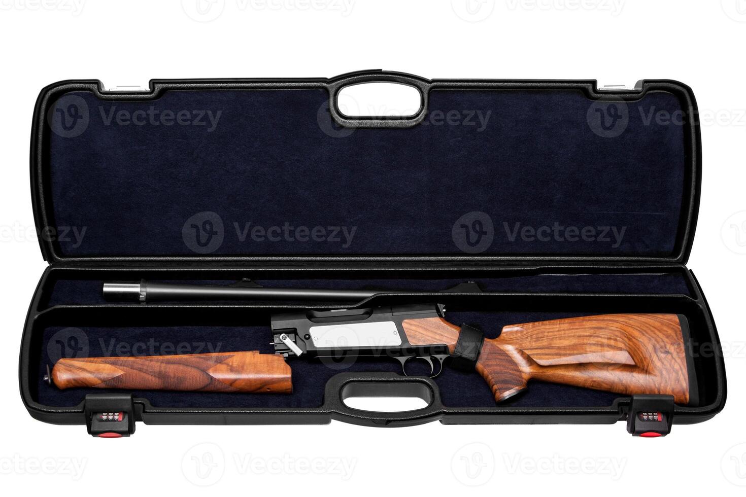 Disassembled hunting rifle in a plastic gun case isolated on white. photo