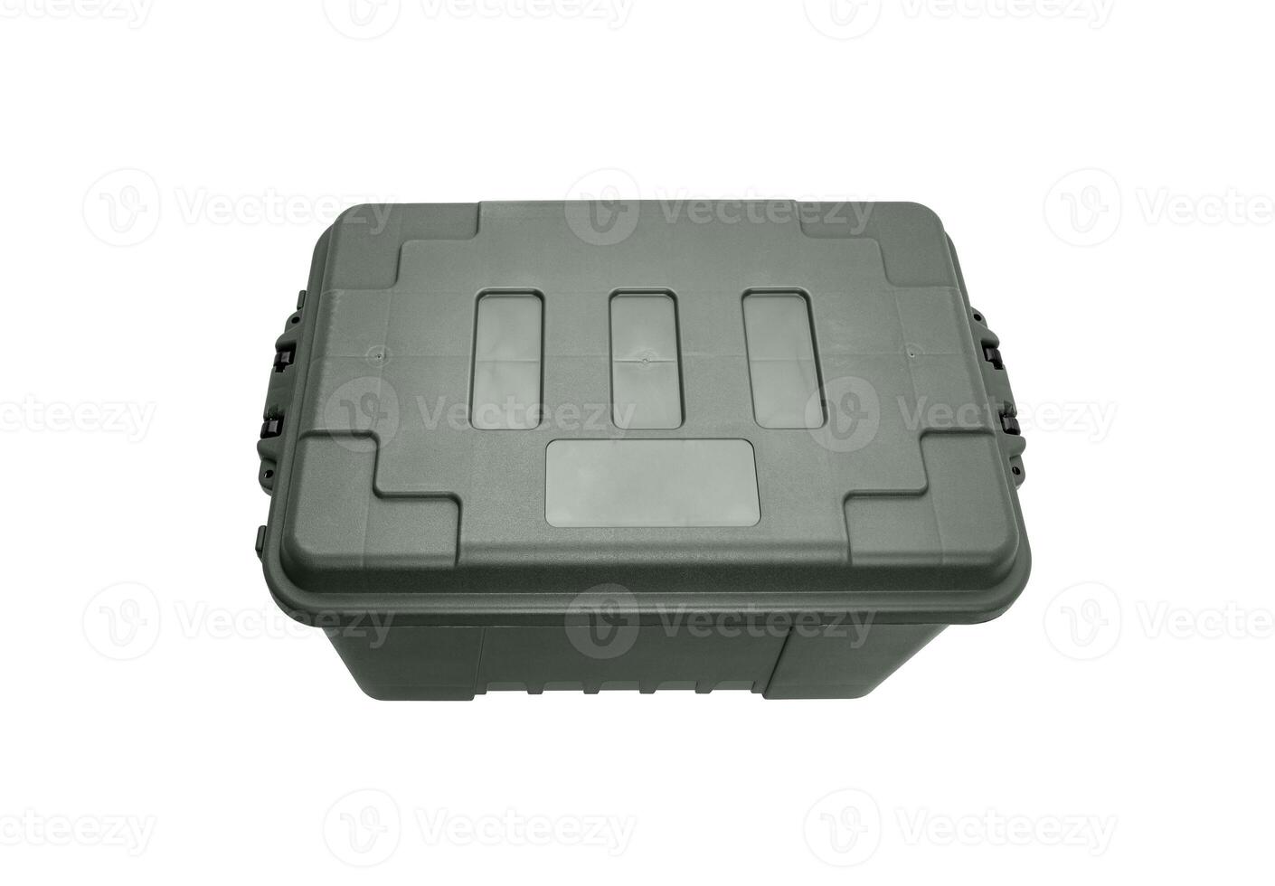 Plastic box with locks isolate on a white back. A container for storing and transporting various things. photo