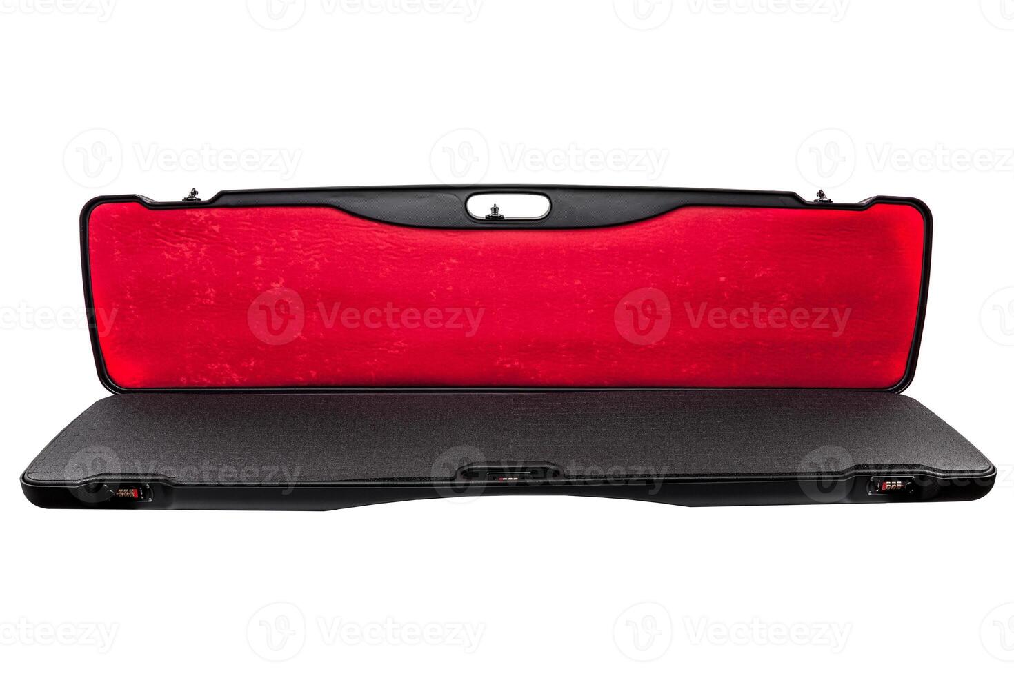 Opened black case for guns isolated on white photo