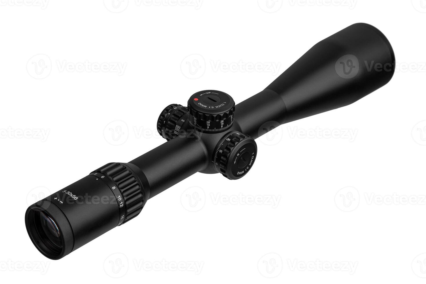 Modern sniper scope. Optical device for aiming and shooting at long distances. Isolate on white back photo