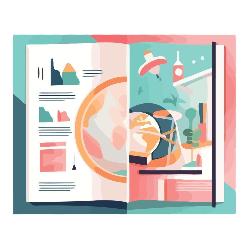 An open book with a map and a globe vector