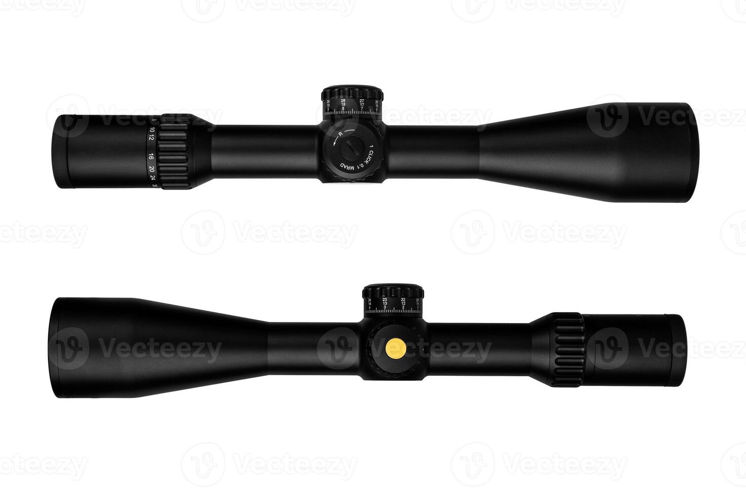 Modern sniper scope on a white back. Optical device for aiming and shooting at long distances. photo