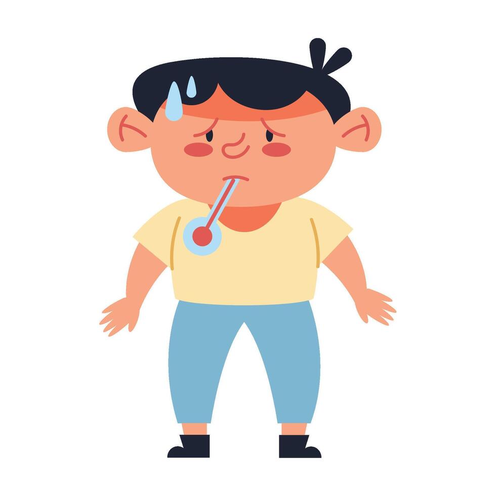 A cartoon boy with a thermometer in his mouth vector
