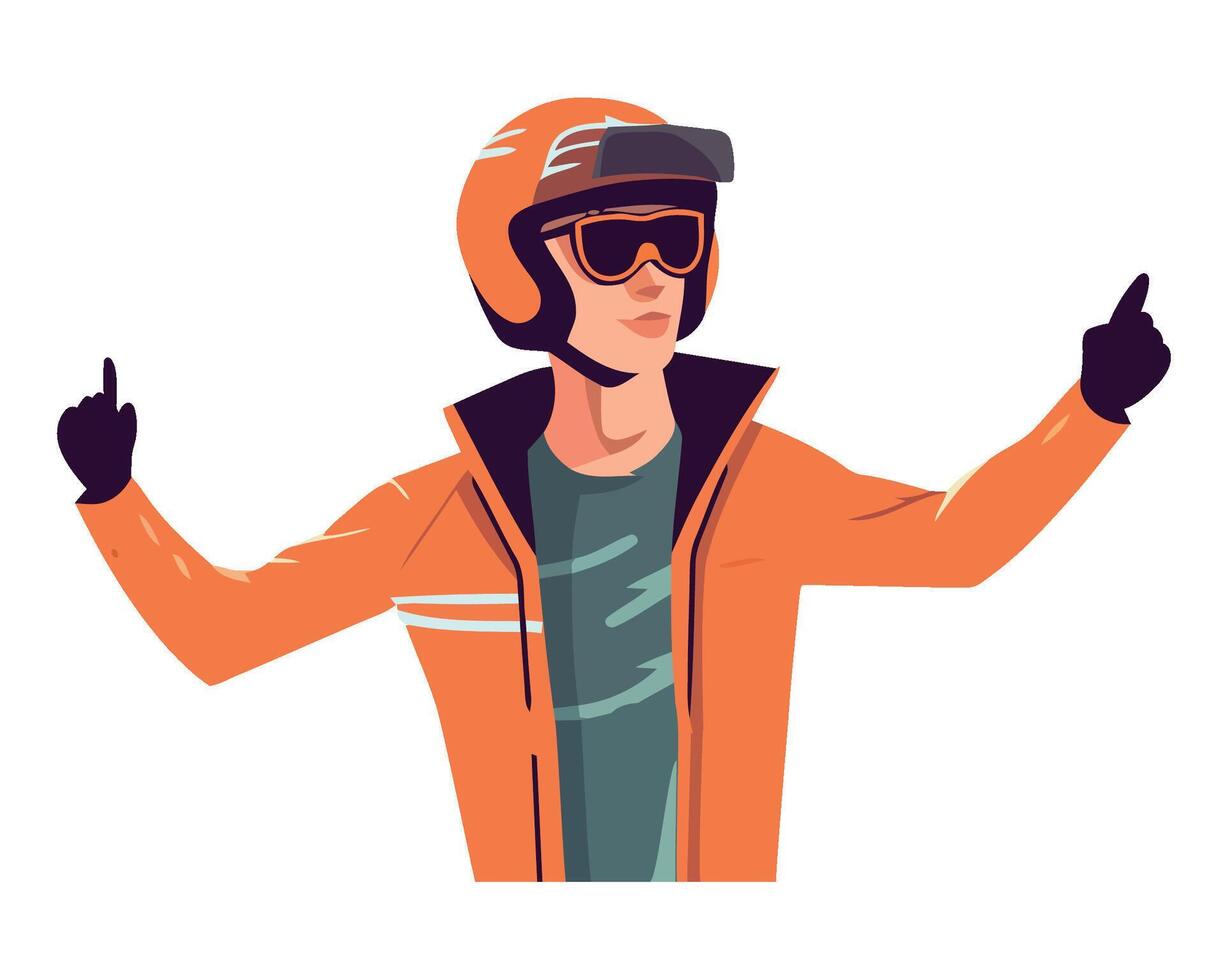 A man in an orange jacket and helmet is pointing up vector