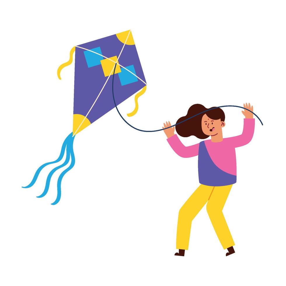 A woman is flying a kite with a blue and purple tail vector