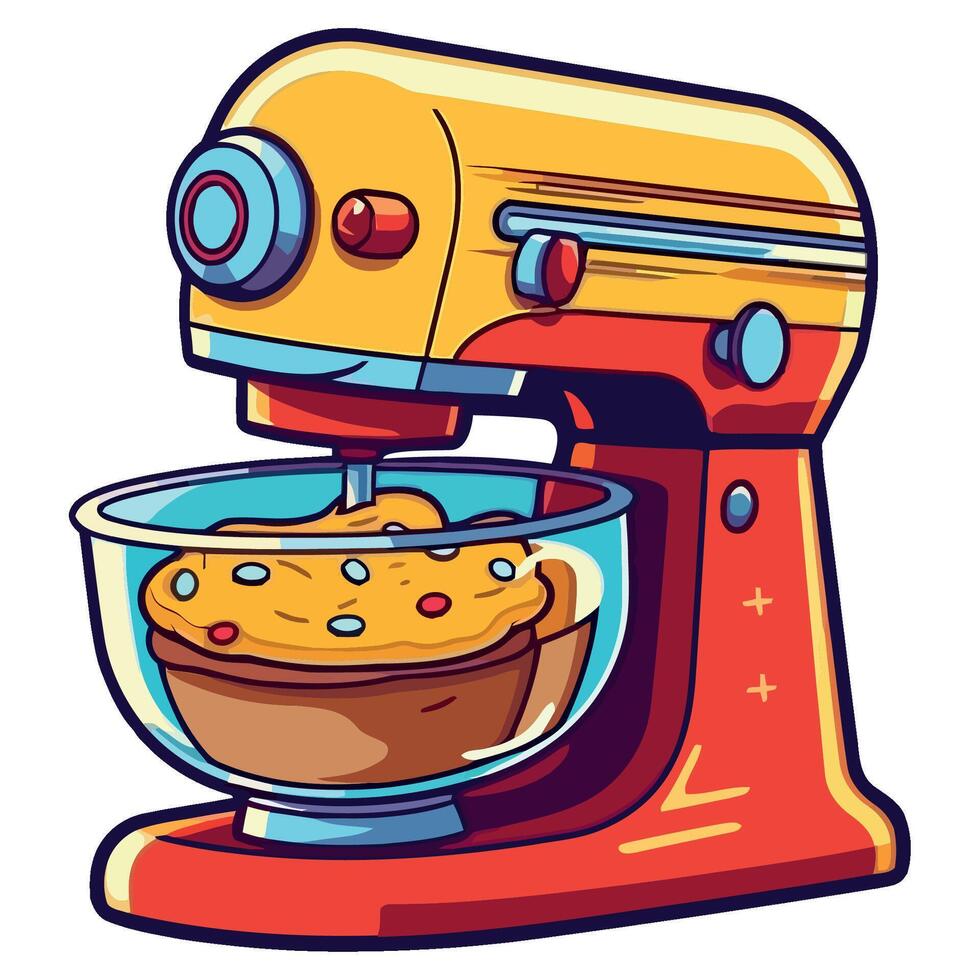 A cartoon mixer with a cake in it vector