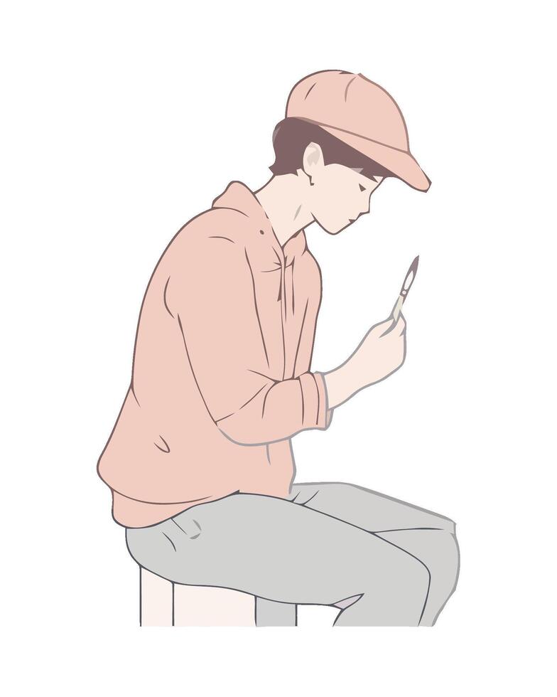 Illustration of a man sitting on a stool with a cell phone vector