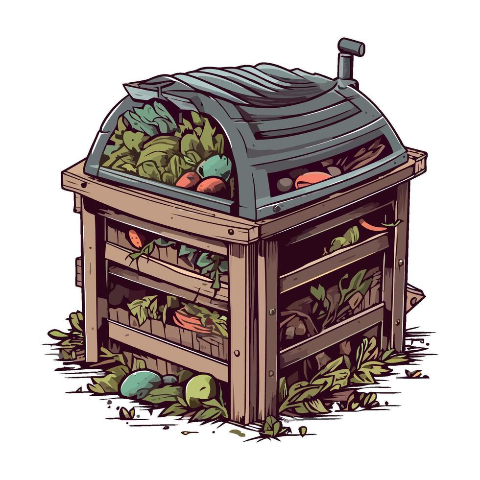 A cartoon illustration of a garbage can full of vegetables vector