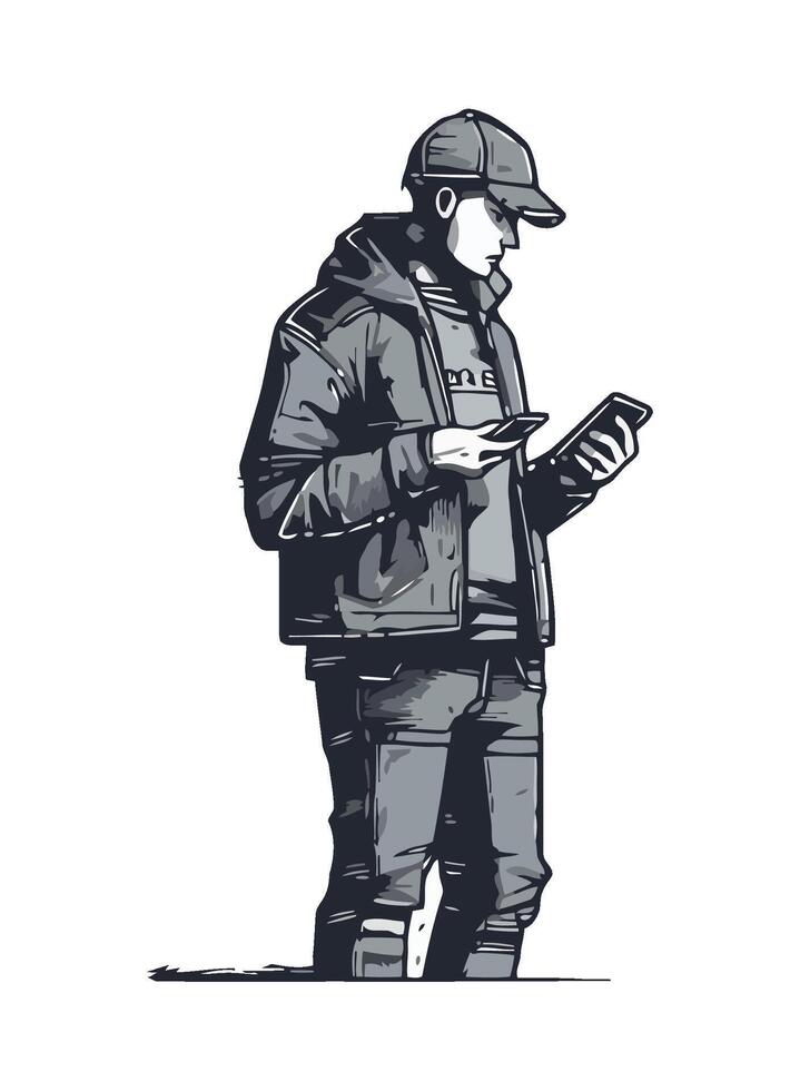 A man in a hoodie and jacket is looking at his phone vector