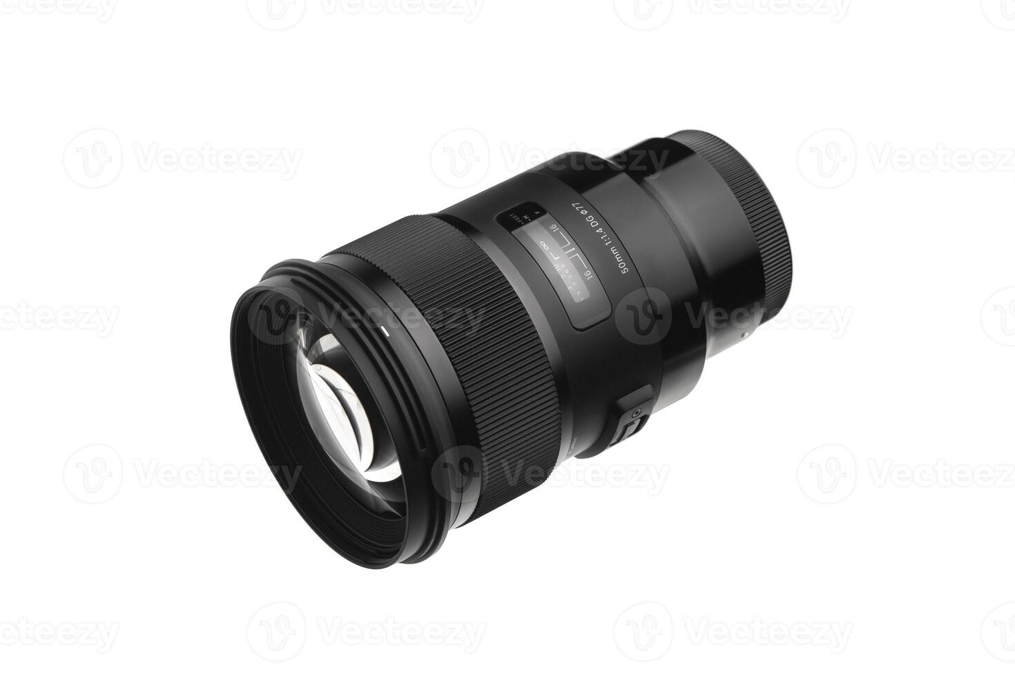 Modern lens with a focal length of 50 mm and aperture f 1.4 isolate on a white back. photo