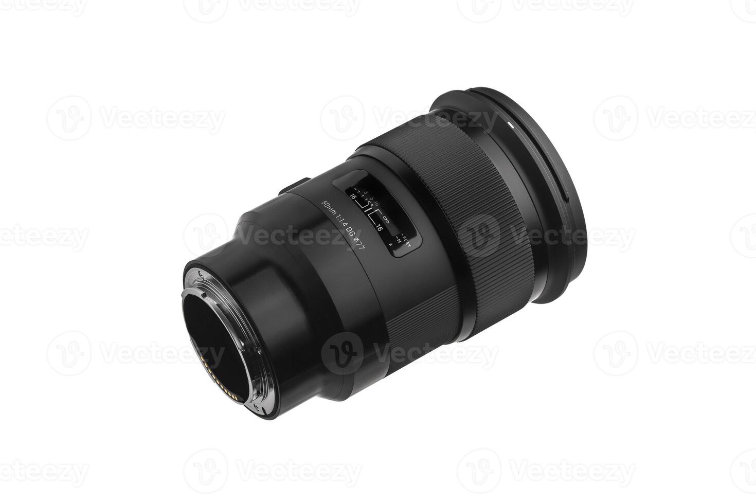 Modern lens with a focal length of 50 mm and aperture f 1.4 isolate on a white back. photo