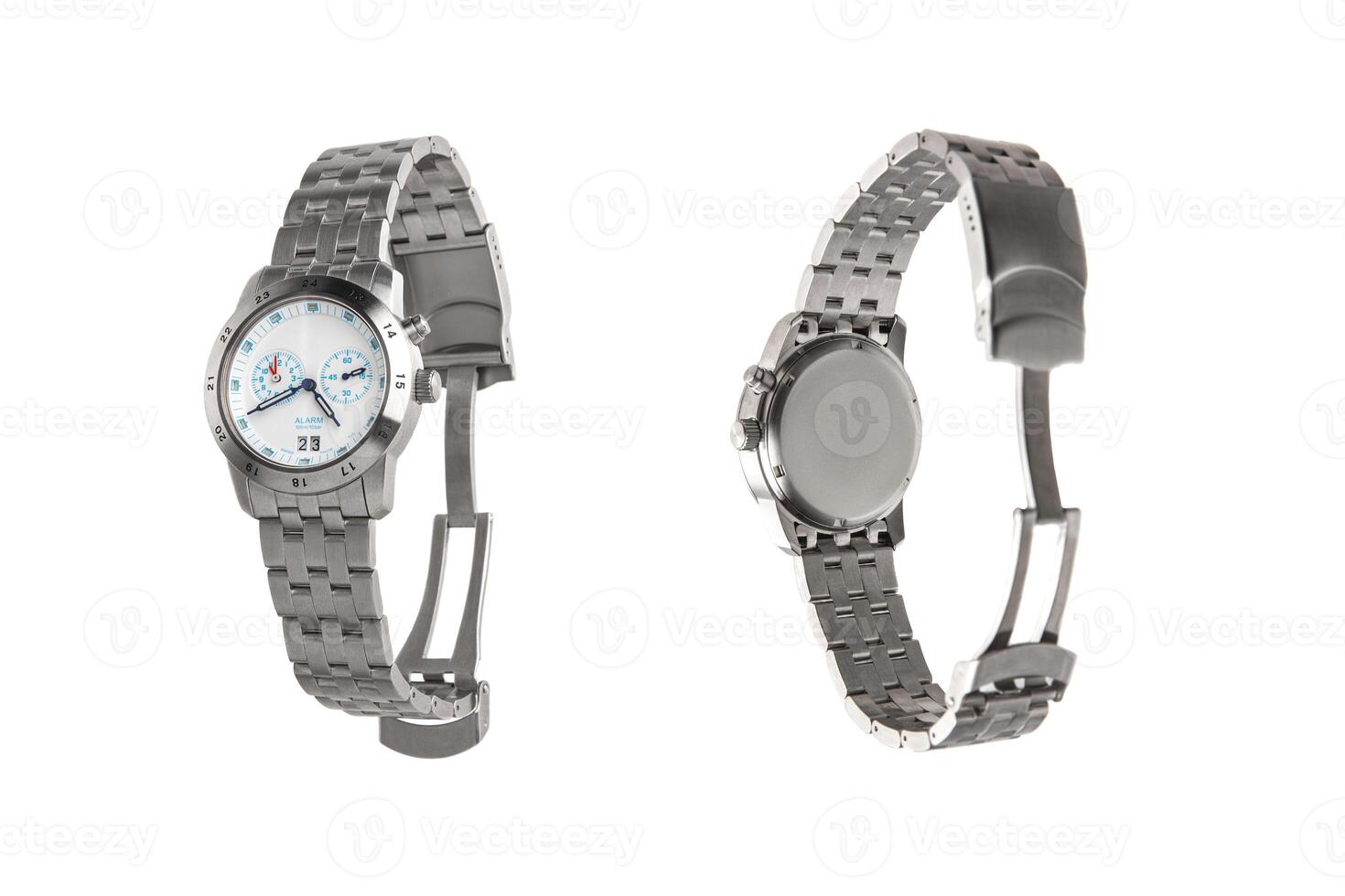 Wristwatch isolate on a white back. Sports wrist watch with a metall bracelet. Watches for scuba divers. photo