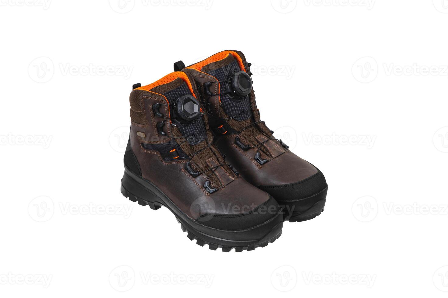 Modern high boots for extreme conditions. Shoes for climbers, hunters or for outdoor recreation. Isolate on a white back. photo