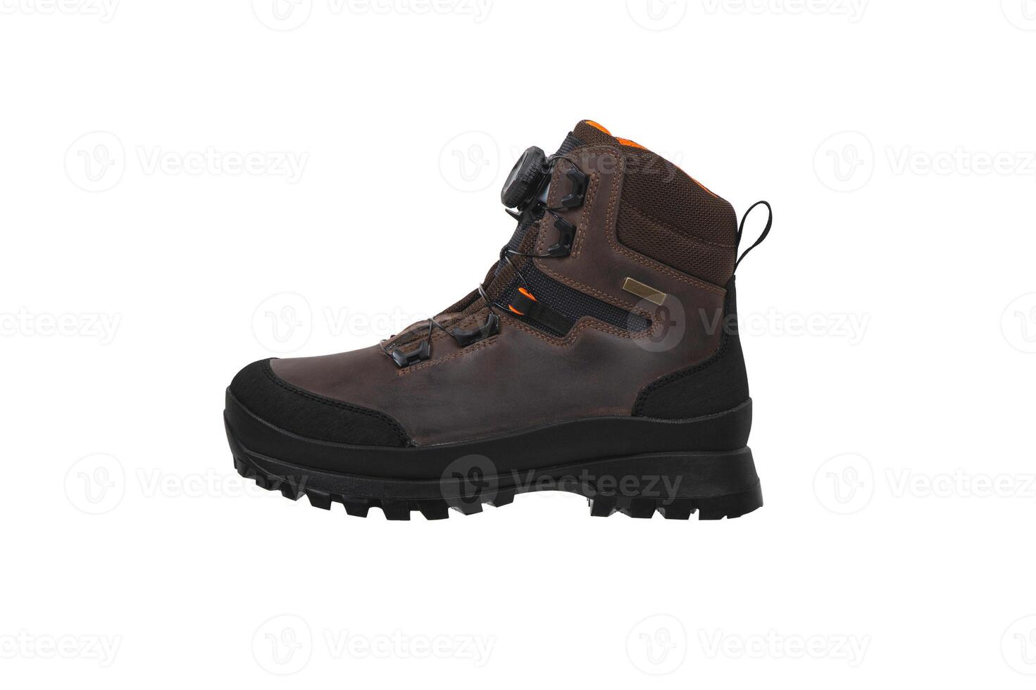 Modern high boots for extreme conditions. Shoes for climbers, hunters or for outdoor recreation. Isolate on a white back. photo