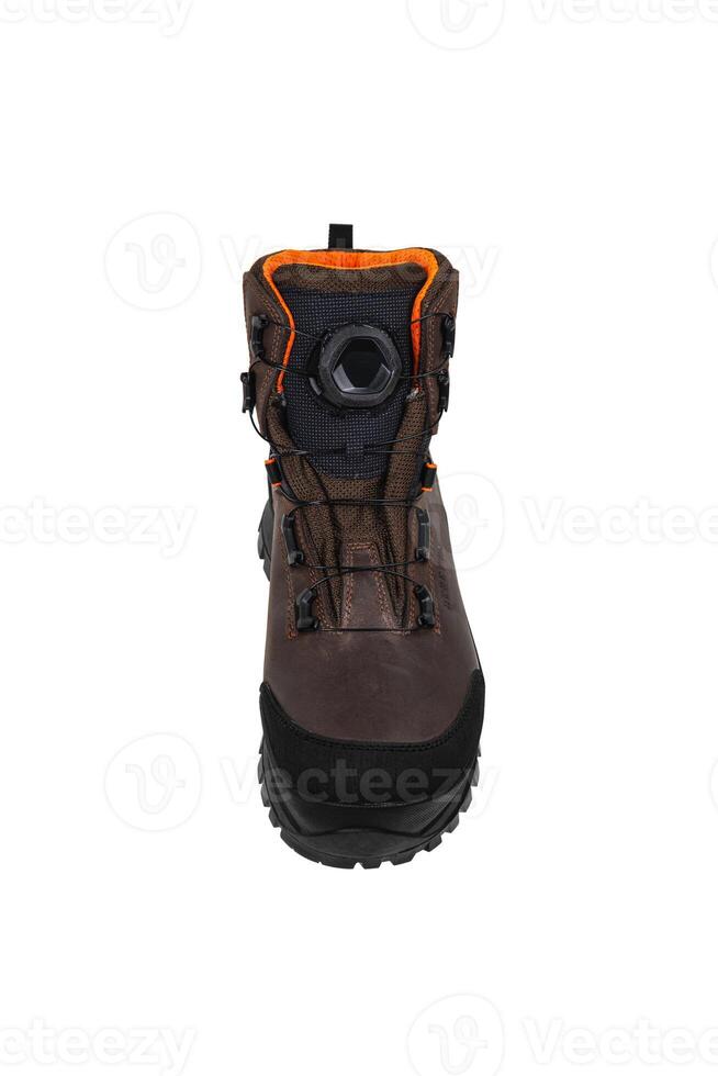 Modern high boots for extreme conditions. Shoes for climbers, hunters or for outdoor recreation. Isolate on a white back. photo