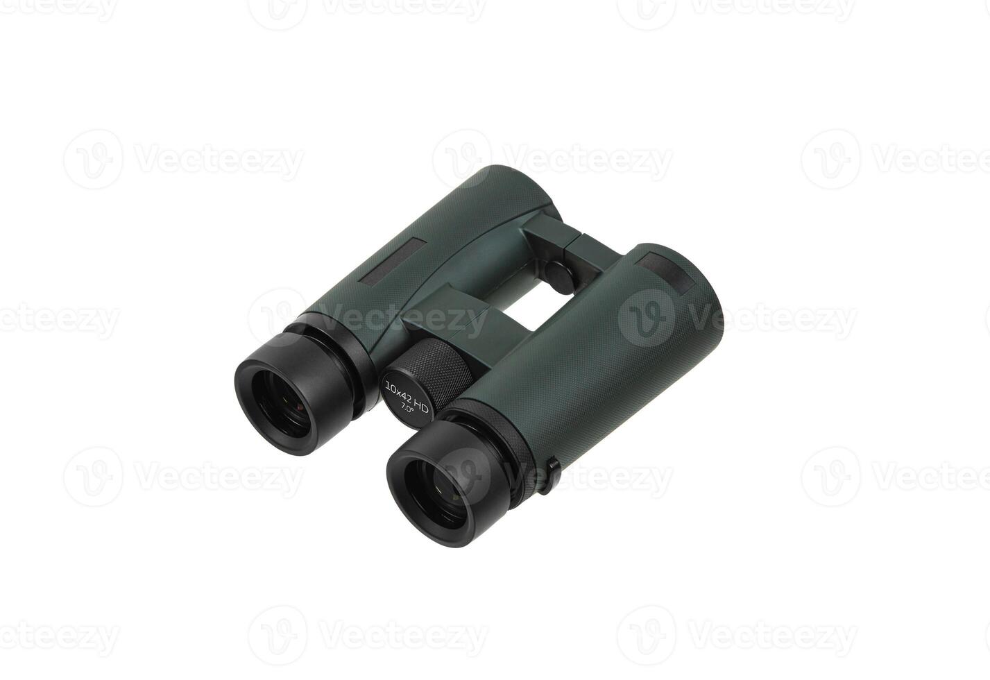 The binoculars are dark green. A modern device for observing objects at a long distance. Isolate on a white back photo