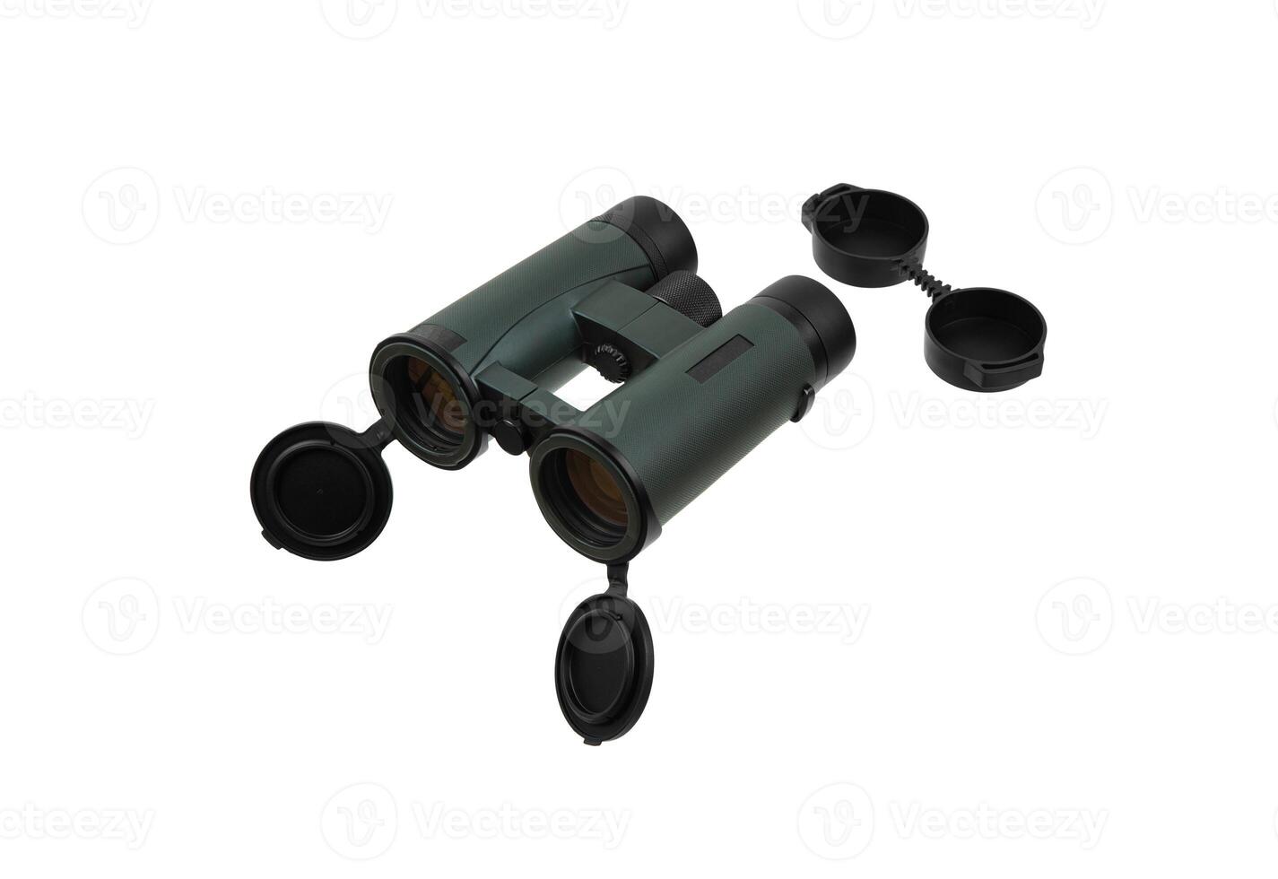 The binoculars are dark green. A modern device for observing objects at a long distance. Isolate on a white back photo