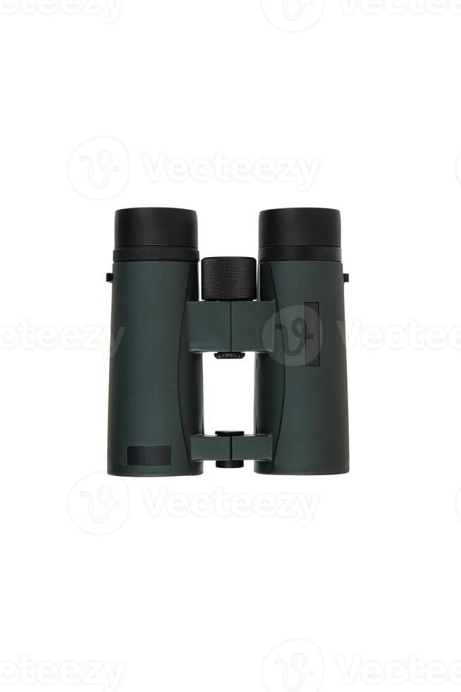 The binoculars are dark green. A modern device for observing objects at a long distance. Isolate on a white back photo