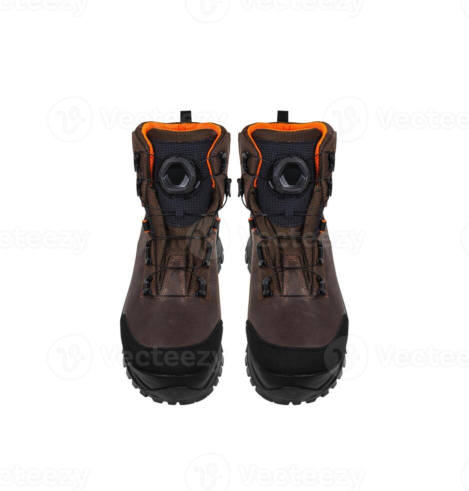 Modern high boots for extreme conditions. Shoes for climbers, hunters or for outdoor recreation. Isolate on a white back. photo