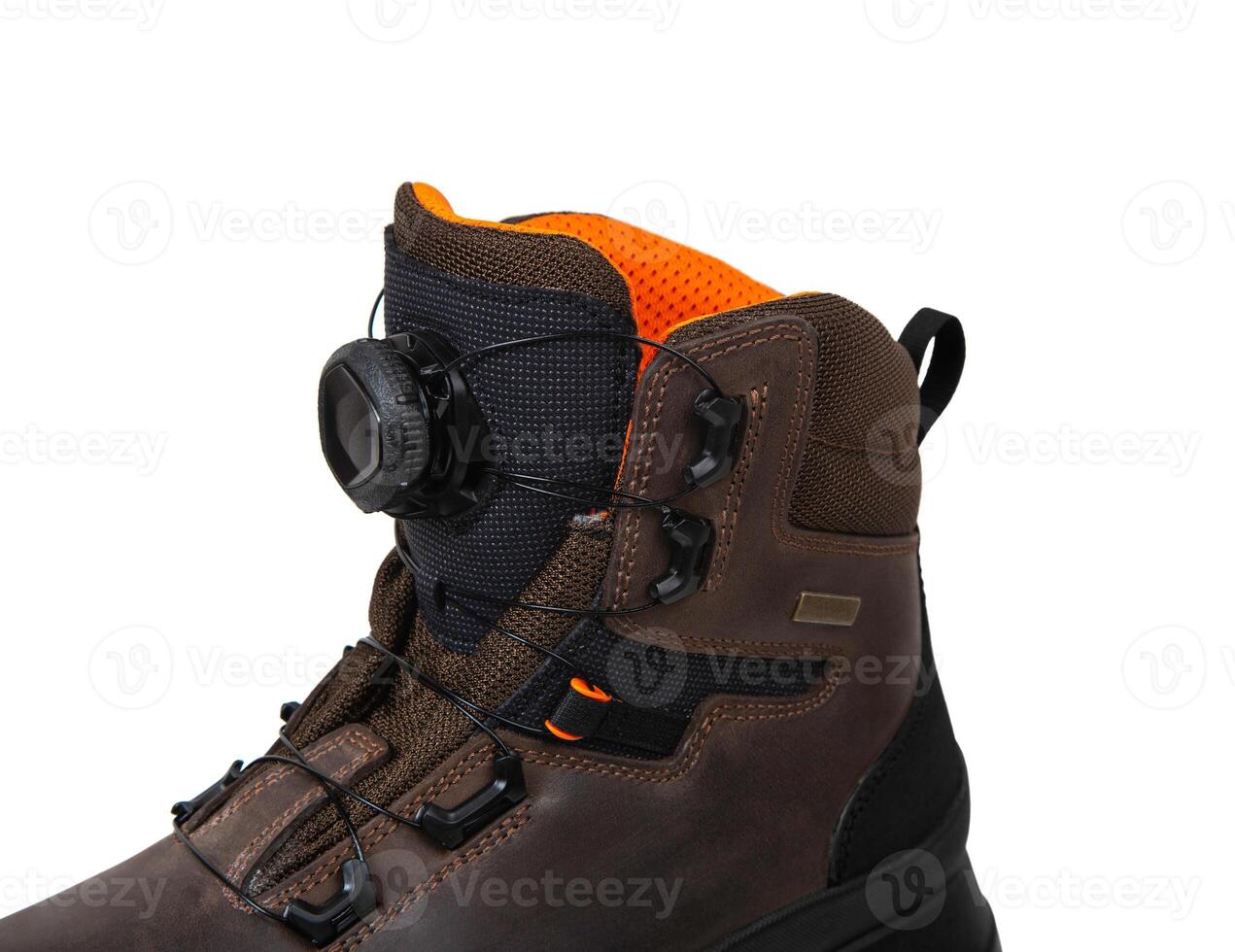 Modern high boots for extreme conditions. Shoes for climbers, hunters or for outdoor recreation. Isolate on a white back. photo