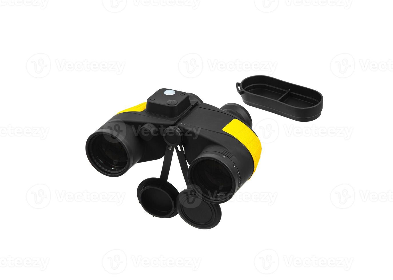 Modern black and yellow waterproof and unsinkable marine binoculars.. Surveillance device. Device for viewing at a distance. Isolate on a white back photo