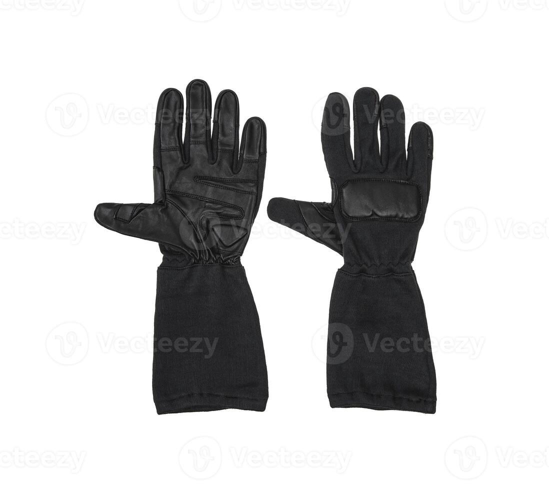 Black leather glove with textile inserts isolate on a white background. photo