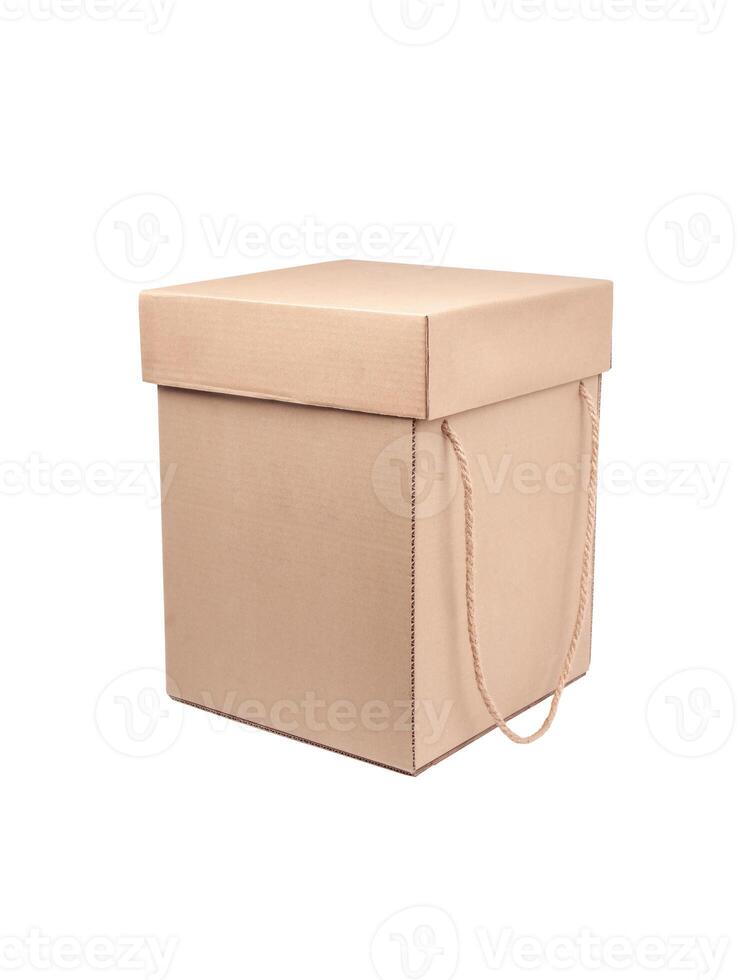 Rectangular cardboard box with rope lid and handles. Closed crown box isolate on a white back photo