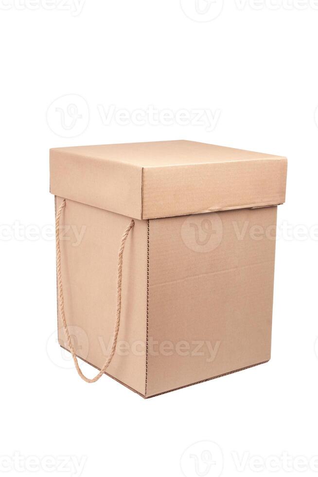 Rectangular cardboard box with rope lid and handles. Closed crown box isolate on a white back photo