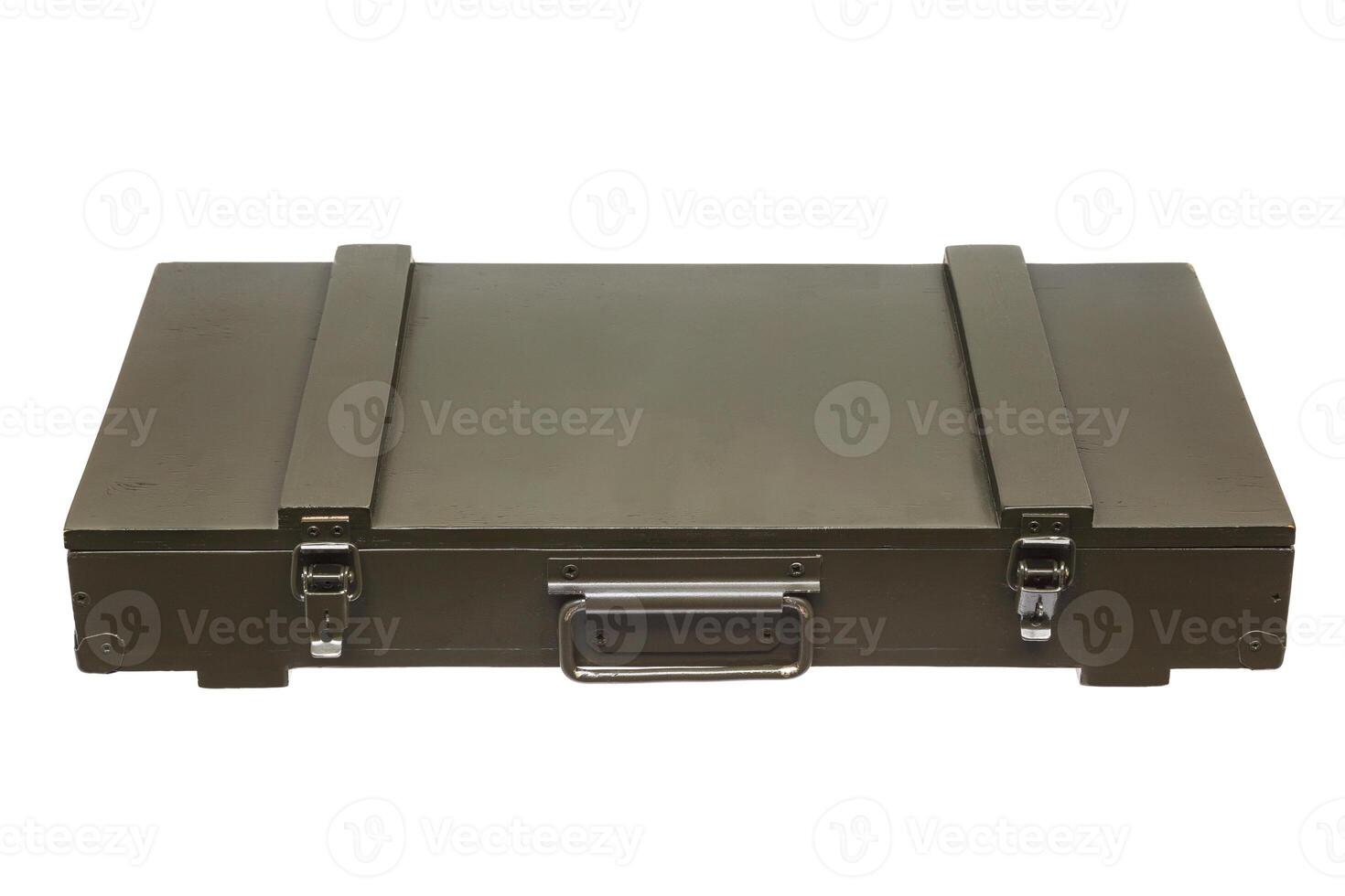 wooden green box for weapons isolated on white photo