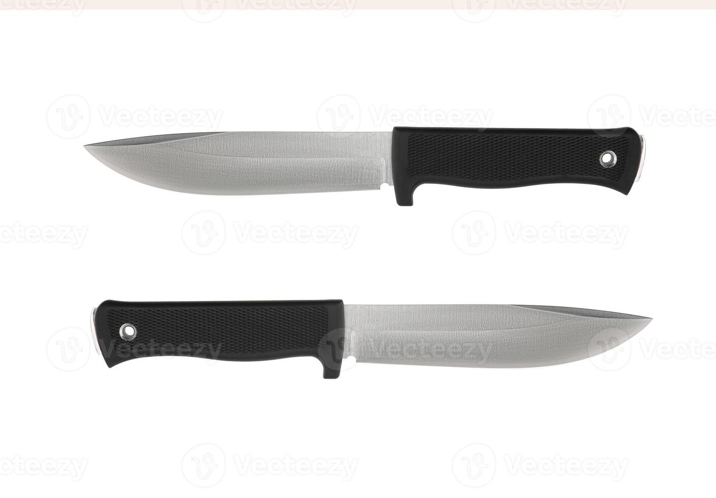 Modern hunting knife with silver blade and rubber handle. Steel arms. Isolate on a white back photo