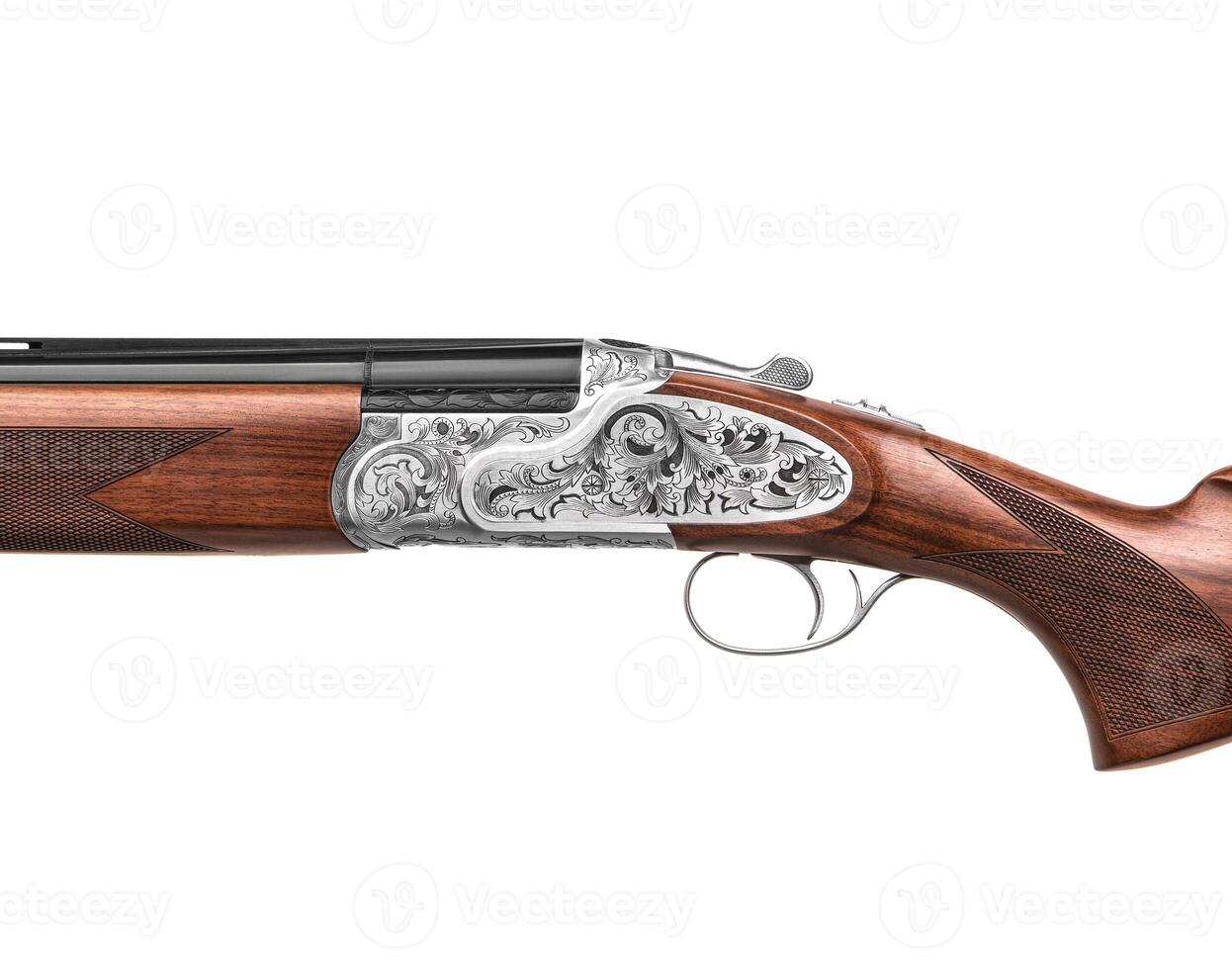 Luxury double-barreled shotgun with a vertical arrangement of barrels. Expensive weapon for hunters. Isolate on a white back. photo