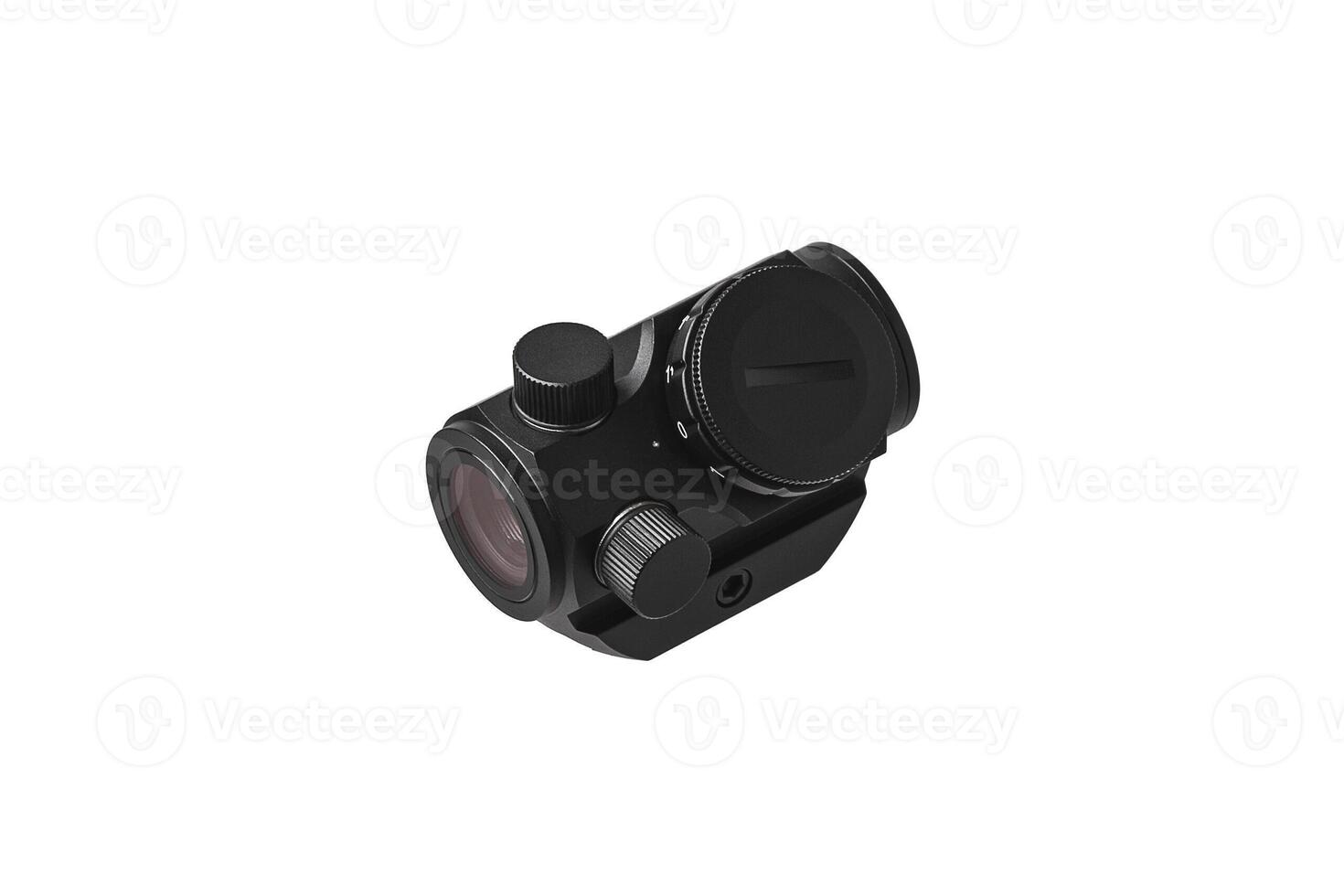 modern black optical scope for weapon isolated on whited. sight scope isolated on white back. photo