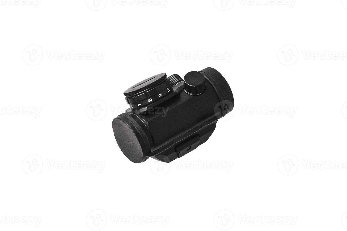 modern black optical scope for weapon isolated on whited. sight scope isolated on white back. photo