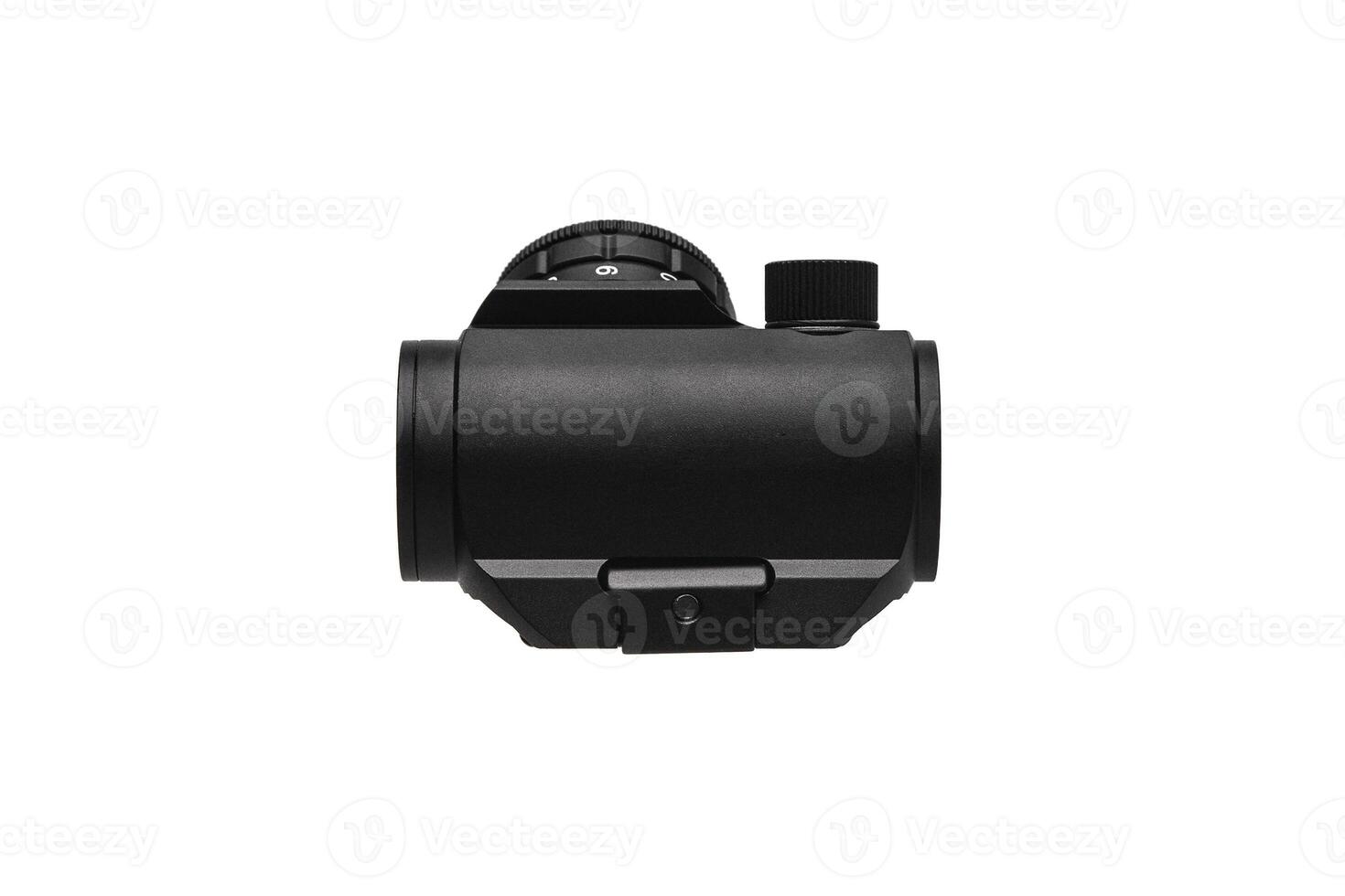 modern black optical scope for weapon isolated on whited. sight scope isolated on white back. photo