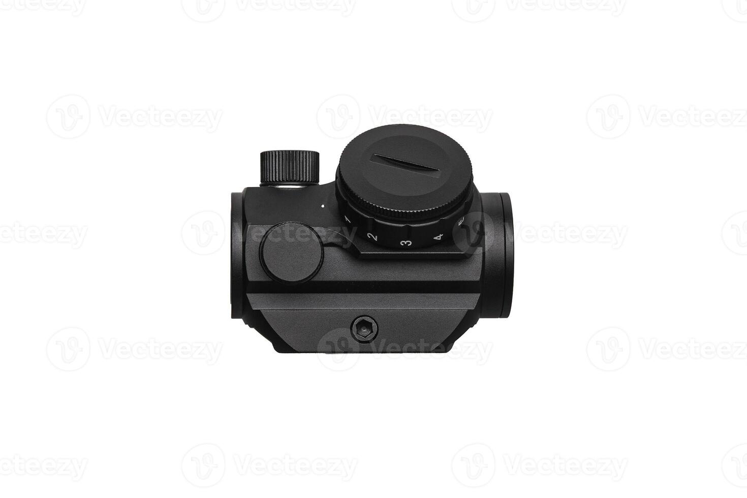 modern black optical scope for weapon isolated on whited. sight scope isolated on white back. photo