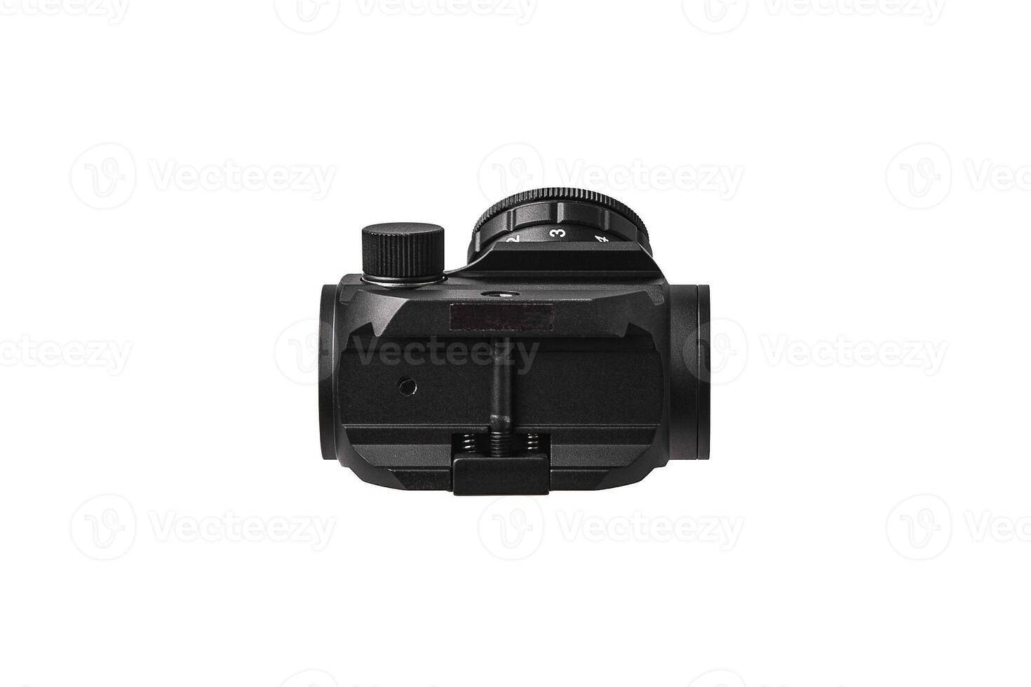 modern black optical scope for weapon isolated on whited. sight scope isolated on white back. photo