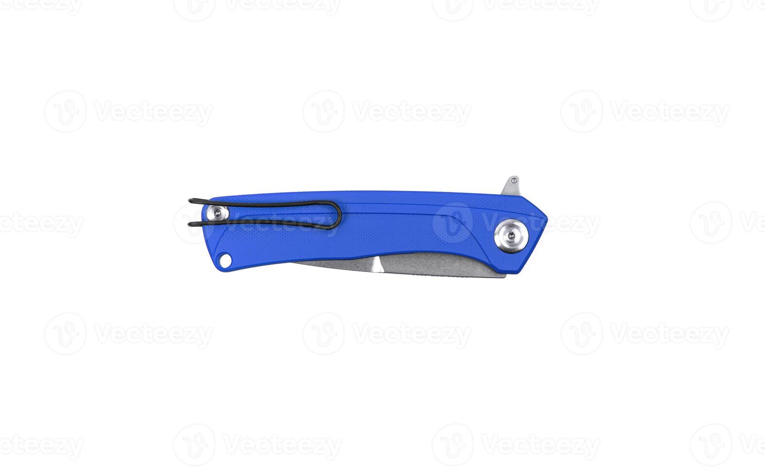 Blue pocket folding knife isolate on white back. Compact metal sharp knife with a folding blade. photo