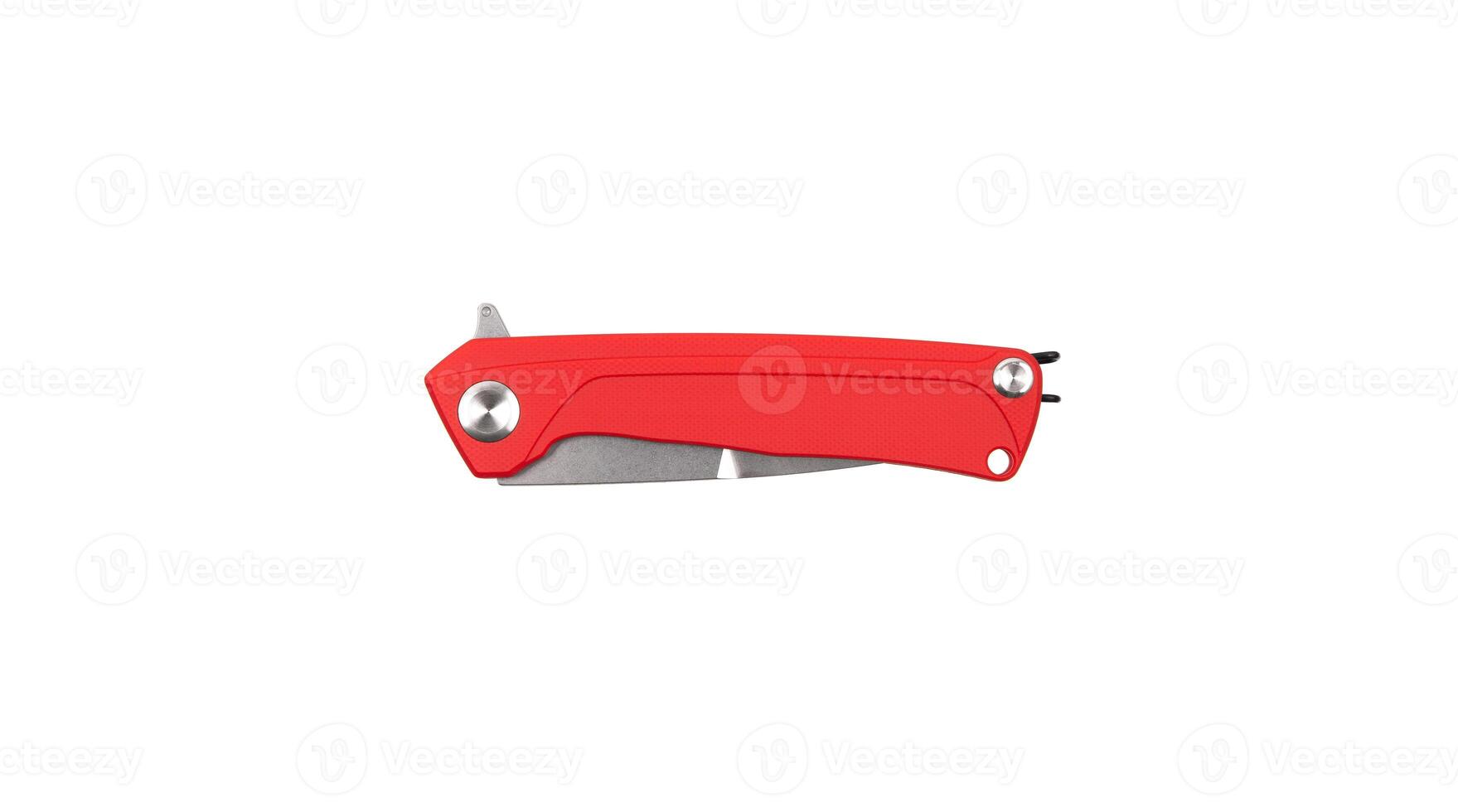 Red pocket folding knife isolate on white back. Compact metal sharp knife with a folding blade photo