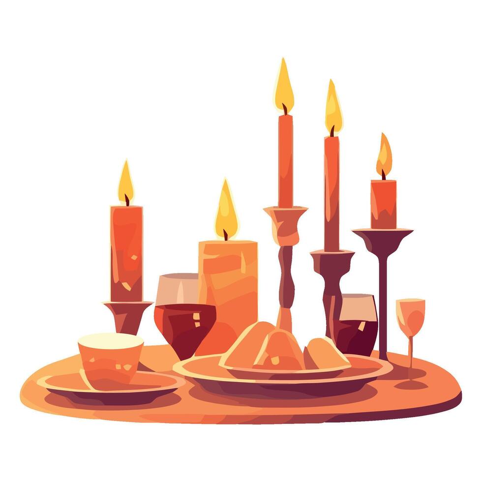 Candles and wine glasses on a table with a plate of food vector