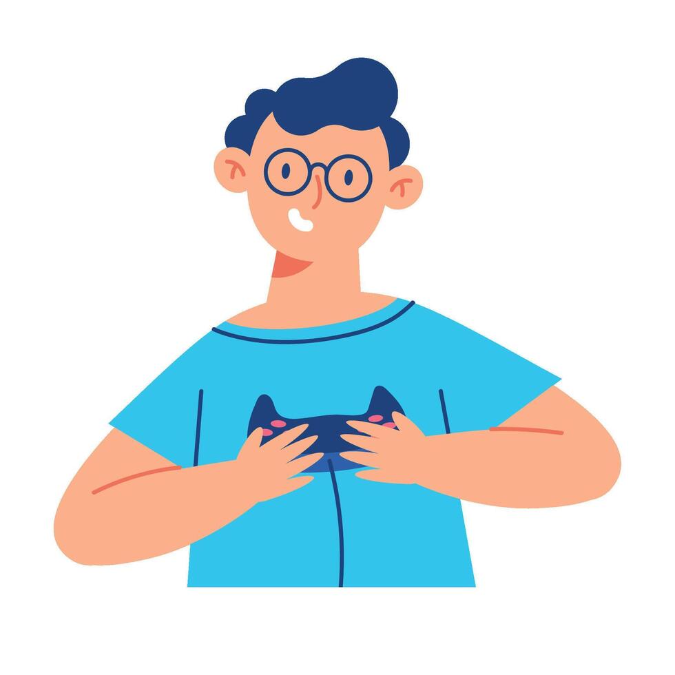 A man with glasses holding a controller vector